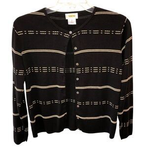 Talbots Womens Medium Black Silk Blend Striped Button Up Cardigan Sweater Size M